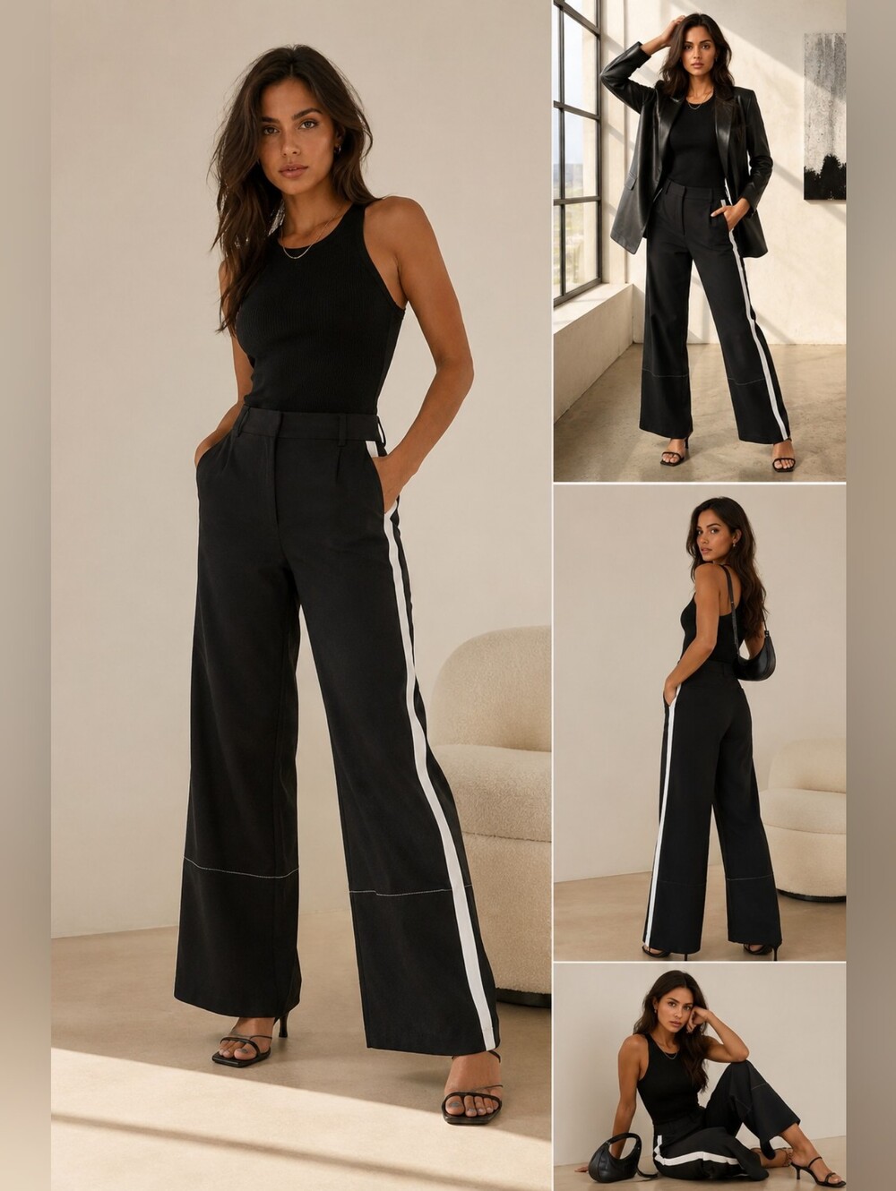 Wide Leg Black Pants with White Side Stripe - Women's